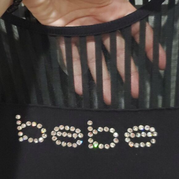 New Bebe Black Maxi Dress with Swarovski Crystals, Sheer Stripes & Side Slit - Picture 5 of 16